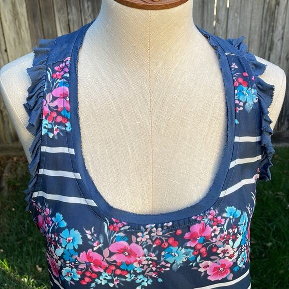 LC Lauren Conrad Sleeveless Top Blouse Floral Ruffle Blue Tank Women's Small - Picture 2 of 10